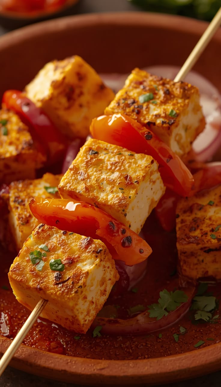 Grilled paneer tikka with red peppers, herbs, and aromatic spices.