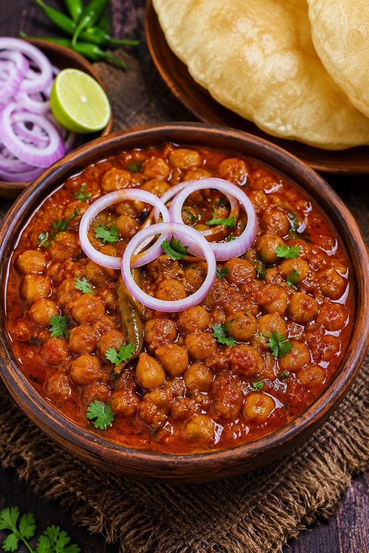 Spicy chickpeas cooked in rich Indian gravy, garnished with onion rings and fresh coriander.